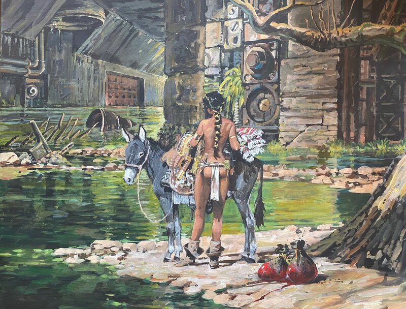 Michel Faure, illustration originale, huile sur toile, Samsara, Jeune Femme et son âne. - Illustration originale