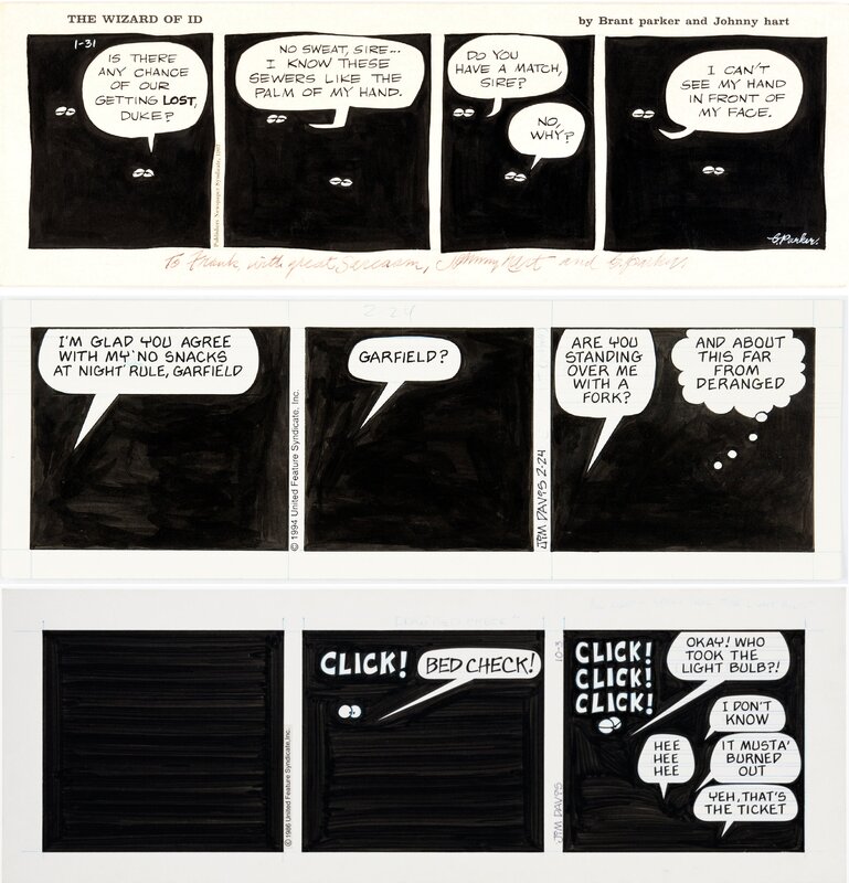 Brant Parker, Jim Davis, Wizard of Id daily 1967 + Garfield daily 1994 + U.S. Acres Daily 1986 - Planche originale