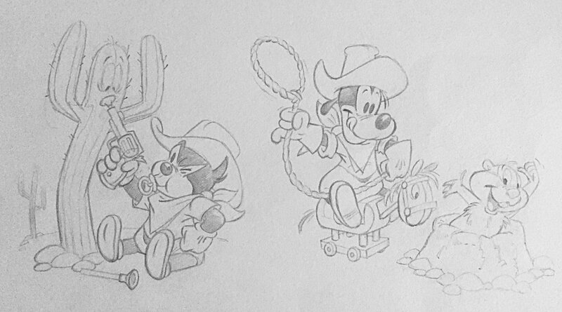 Claude Marin, Walt Disney, Marin, Bébés Disney, illustration Far-west, 1990. - Original Illustration