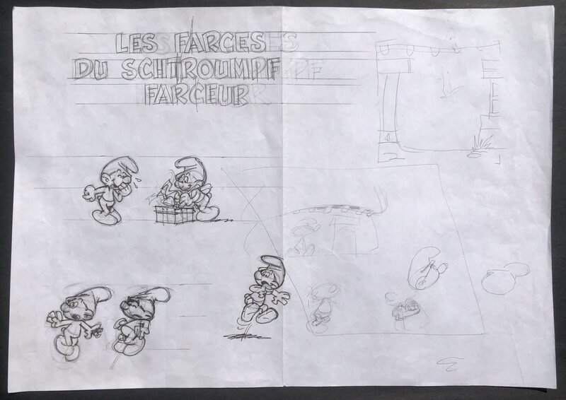 Peyo, Studio Peyo, Les Schtroumpfs - Les farces du schtroumpf farceur - Croquis préparatoires. - Original art