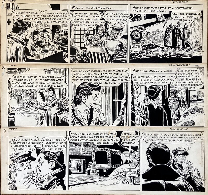 En vente - George Wunder, Strips Terry et les Pirates janvier 1952 - Planche originale