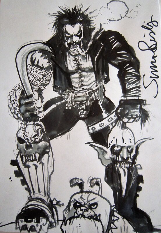 Simon Bisley, Lobo with dog and alien head - Planche originale