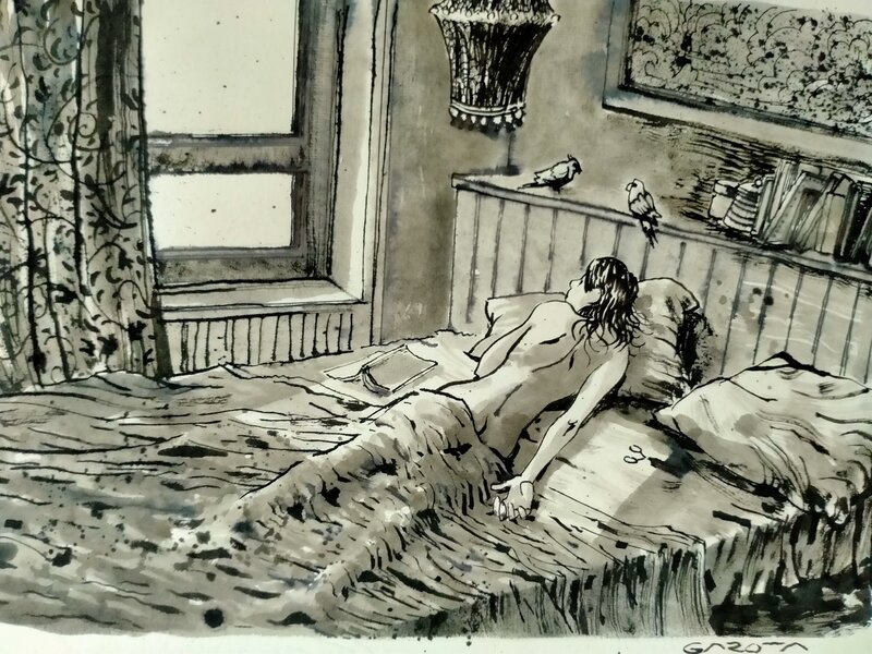 En vente - Davide Garota, Chambre avec deux oiseaux - Illustration originale