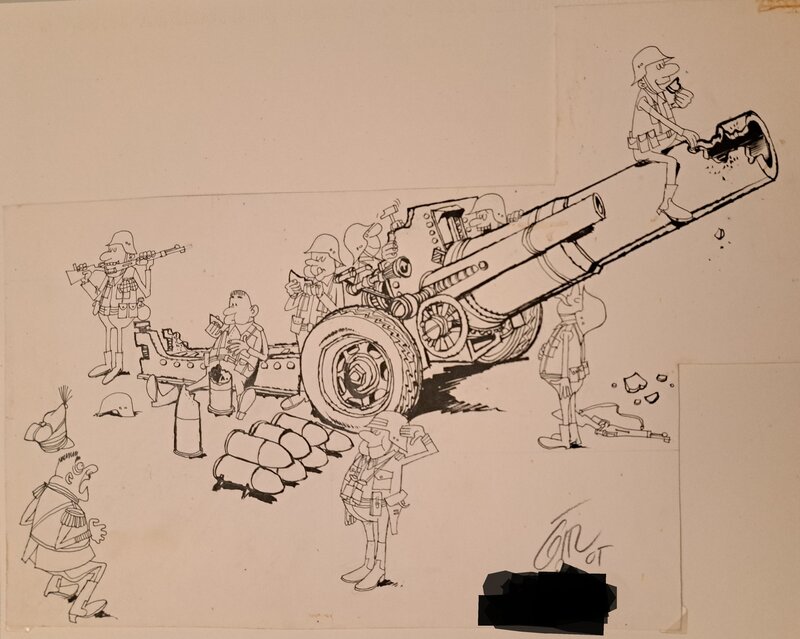 Jean Giraud, Total JOURNAL original dessin humoristique de MOEBIUS contre l'armée avec canon en chocolat - Planche originale