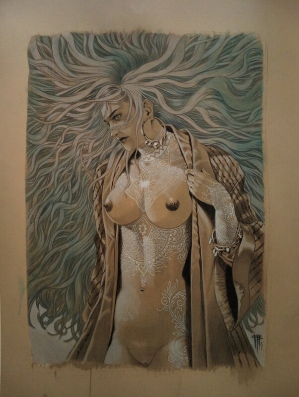 En vente - Philippe Bringel, La jeune femme tatouée au peignoir - Illustration originale