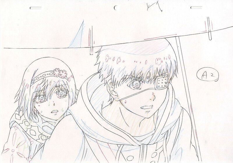 Ishida Sui, Morita Shuhei, Tokyo Ghoul Kaneki Ken et  Hinami Fueguchi, genga de production original (Studio Pierrot  2014) - Dédicace