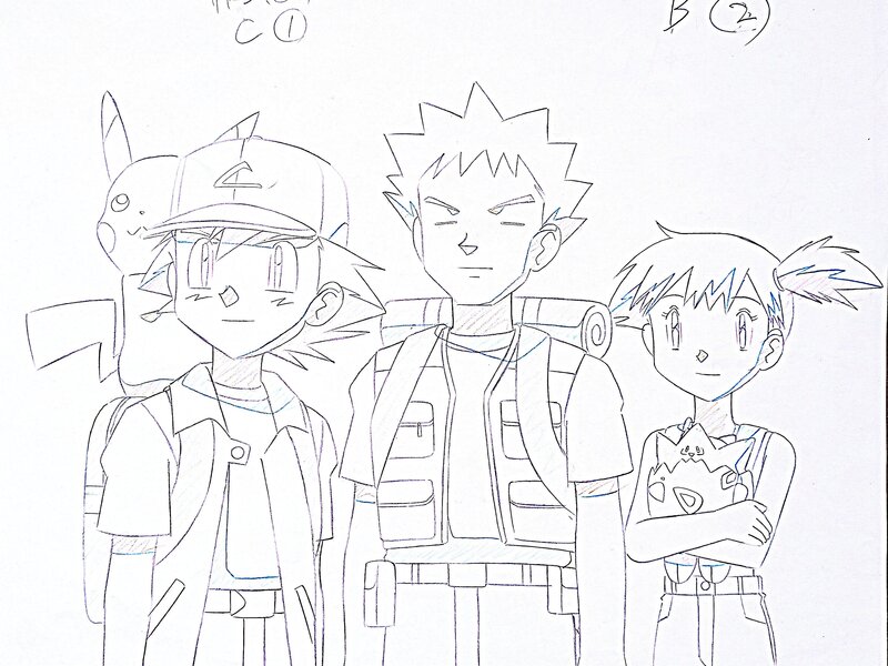 Satoshi Tajiri, Kunihiko Yuyama, Pokémon Pikachu, Sacha, Pierre, Ondine et Togepi doga de production original (OLM à partir de 1997) - Sketch