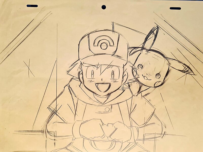 Satoshi Tajiri, Kunihiko Yuyama, Pokémon Sacha et Pikachu double doga original de correction (OLM, c. 1997-2006) - Original art