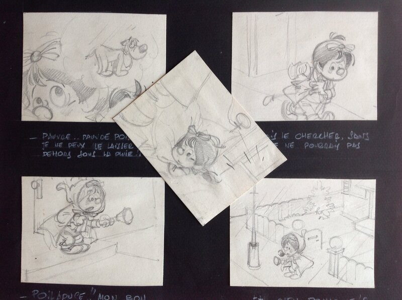 En vente - Marin Lot 5 Case Jeune fille & chien Poilapuce illustration Originale Dessin Original vignette crayon mine de plomb Éo Année 50 - Œuvre originale