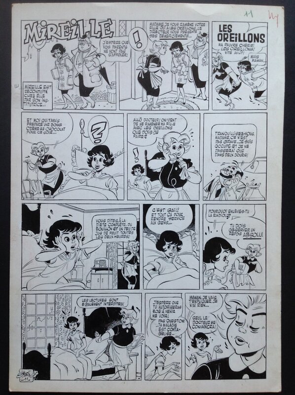 En vente - Marin Mireille a l'école planche originale 11 , Dessin encre de chine + Couleur au dos . Éo Mireille Année 50 . - Planche originale
