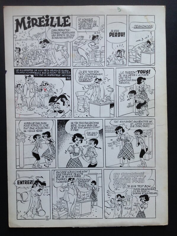 En vente - Marin Mireille a l'école planche originale 9 , Dessin encre de chine + Couleur au dos . Éo Mireille Année 50 . - Planche originale