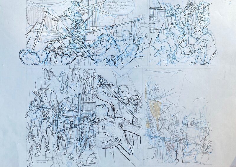 Olivier Pâques, croquis préparatoires à la demi-planche N°58, 