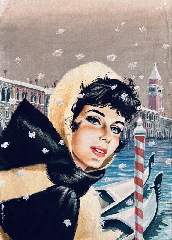 Carrière, couverture roman, il neigeait sur Venise, Collection Mirabelle#206, 1955. - Illustration originale