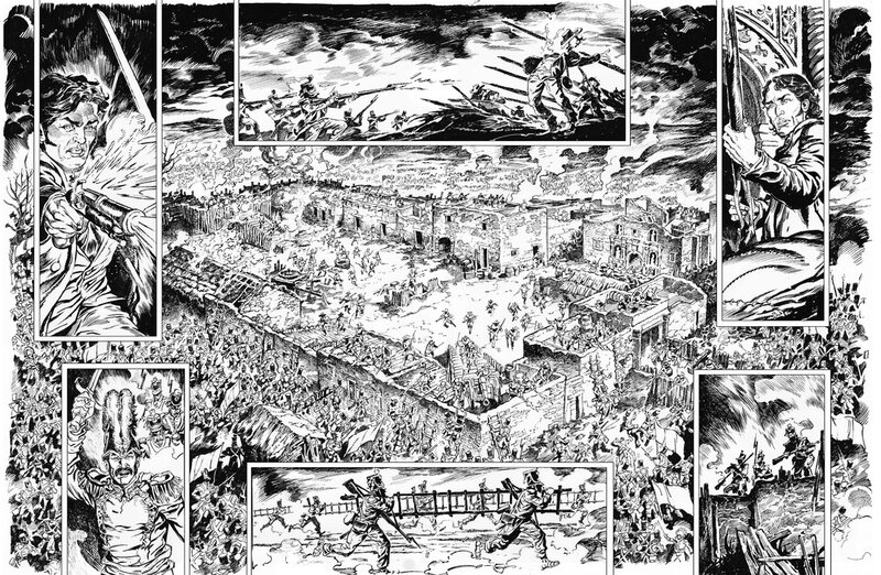 En vente - Paolo Martinello, Ronan Toulhoat, Mathieu Gabella, Martinello, Fort Alamo, double planche, 2025. - Planche originale