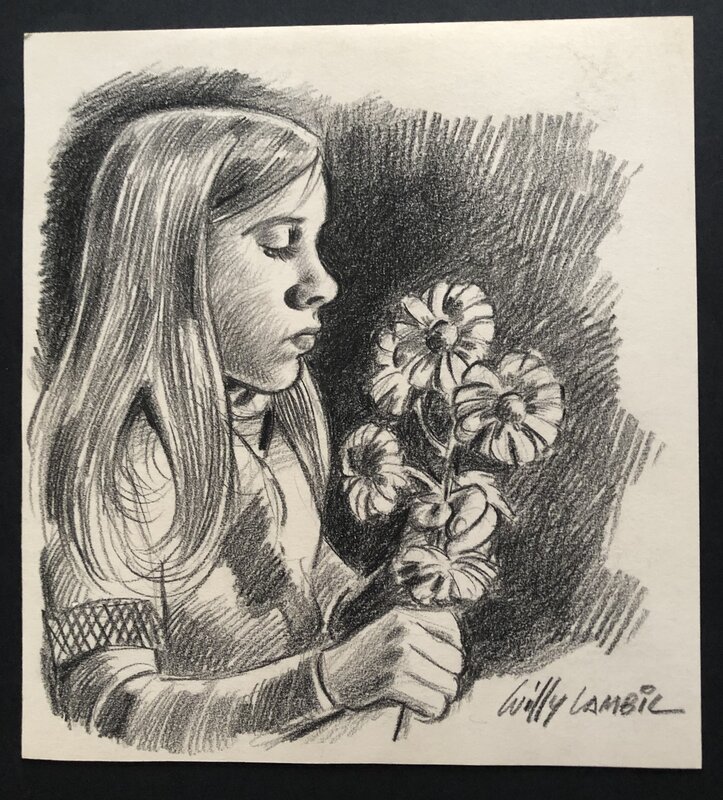 Willy Lambil, Jeune fille aux fleurs - Illustration originale. - Illustration originale