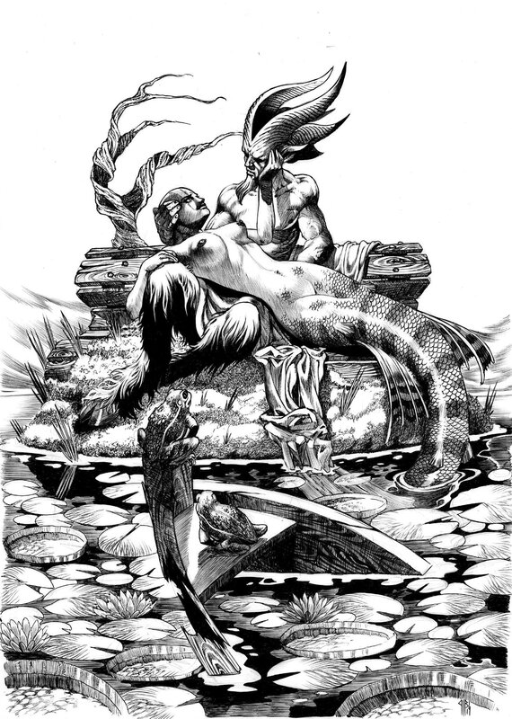 En vente - Philippe Bringel, La sirène et le faune - Illustration originale