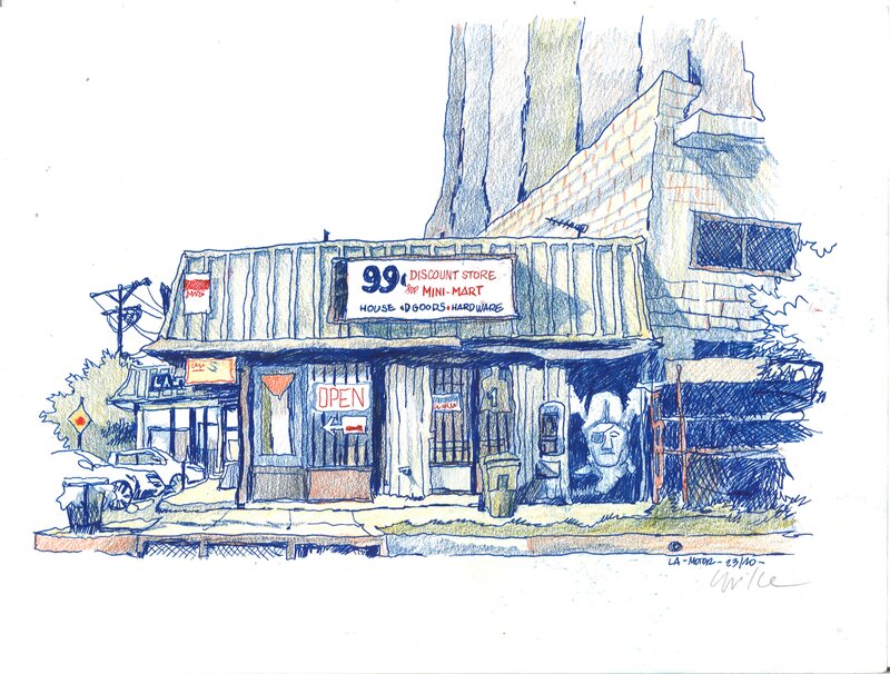 En vente - Cyrille Pomès - Illustration carnet de voyage L.A. - Planche originale