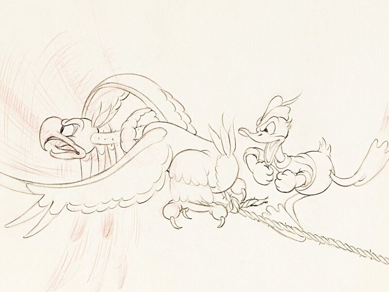 Walt Disney, David Hand, Donald alpiniste, Donald Duck et aigle, dessin d'animation original (Walt Disney, 1936) - Sketch