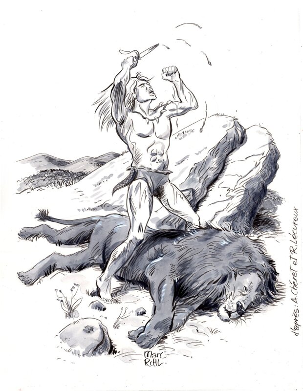 For sale - Rahan et le Lion by Marc Rouchairoles, André Chéret - Original Illustration