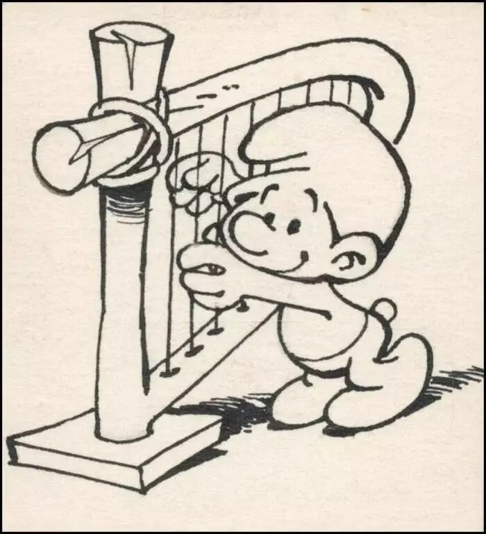 Peyo, Le Schtroumpf à la harpe - Original Illustration
