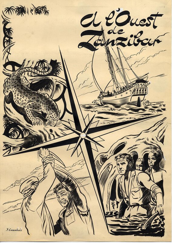 François Craenhals, A lOuest de Zanzibar couverture journal Tintin - Planche originale