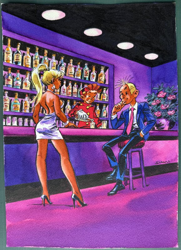 En vente - Dany, SPIROU FANTASIO & SECCOTINE AU BAR - Illustration originale