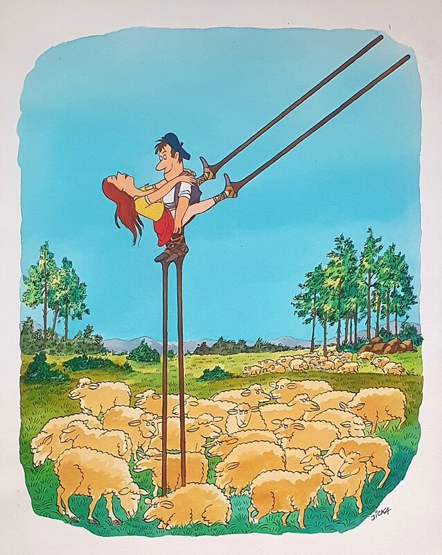 Jicka - Dessin original coquin- Un Berger toujours au Sommet - Illustration originale