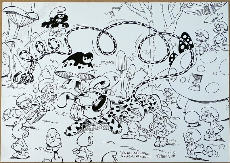 Batem, Marsupilami Chez Les Schtroumpfs - Original Illustration