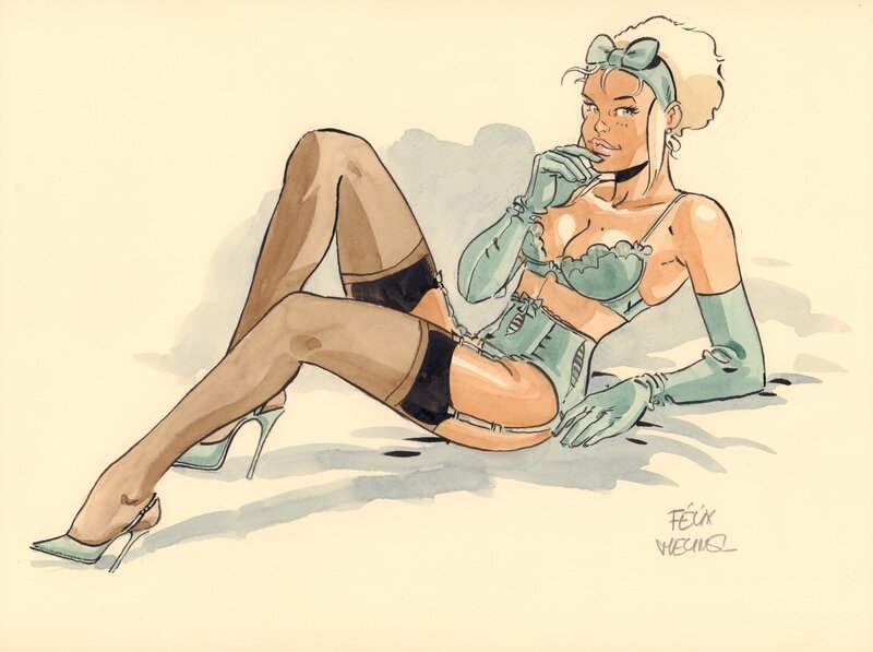 For sale - Félix Meynet, Mirabelle en lingerie turquoise - Original Illustration