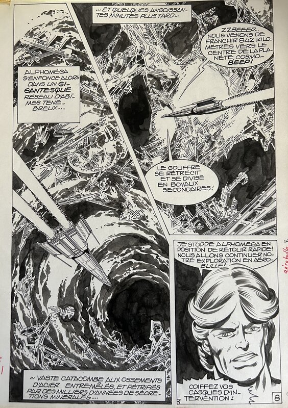 Jean-Yves Mitton, Maurice Chevalier, Mitton, Cosmo#7, Pour une poignée d’énergie, premier épisode, planche nº8, Mustang#68, 1981. - Planche originale
