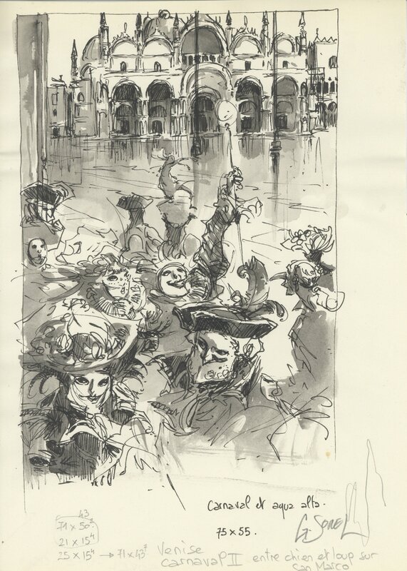 Guillaume Sorel, Superbe croquis sur Venise et son canarvalesque bordel à ciel ouvert. - Original art