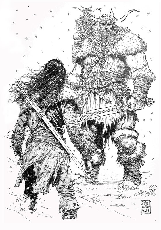 Arkadiusz Klimek, Grzegorz Rosinski, Thorgal rencontre les frères qui gardent les anneaux de Freyr - fan art - Original Illustration
