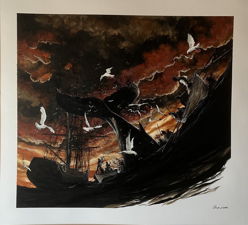 Christophe Chabouté, Moby Dick ... Chasse ... Volutes nuageuses... - Original Illustration