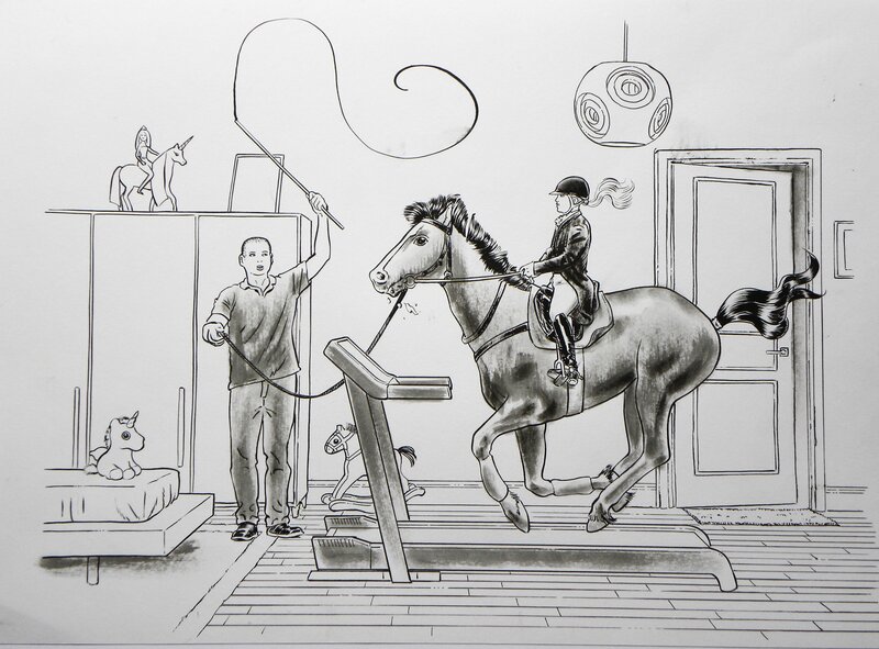 For sale - « Faut pas prendre les cons pour des gens » – L’équitation sur Tapis de course – Illustration Originale – Emmanuel Reuzé - Original Illustration