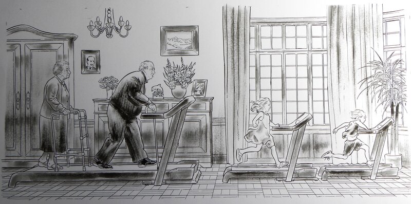 En vente - « Faut pas prendre les cons pour des gens » – Promenade Sur Tapis De Course – Illustration Originale – Emmanuel Reuzé - Illustration originale