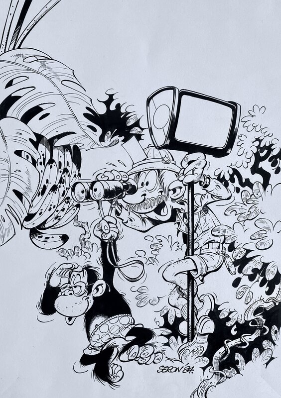 For sale - Pierre Seron, 1984 - les Petits Hommes et les Hommes Singes - Original Illustration