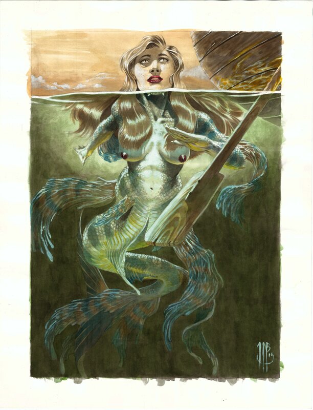 En vente - Philippe Bringel, La sirène et la barque - Illustration originale