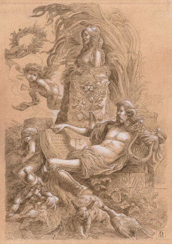 En vente - Dan Ianos, Cacofonix, Ode to Falbala - Hommage à Uderzo et Giovanni Benedetto Castiglione - Illustration originale