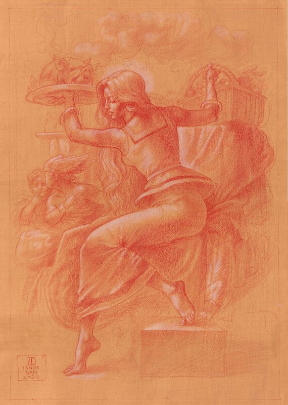En vente - Dan Ianos, Falbala lybian sibyl - Hommage à Uderzo et Michel-Ange - Illustration originale