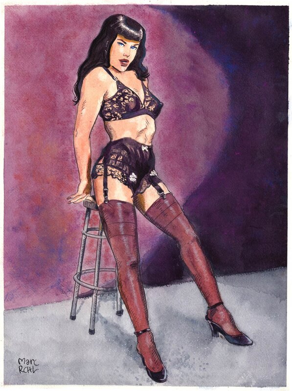 En vente - Marc Rouchairoles, Betty Page sur le Tabouret - Illustration originale