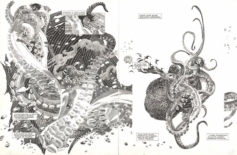 Michel Durand, Les travailleurs de la mer - Attaque de la pieuvre impressionnante. - Planche originale