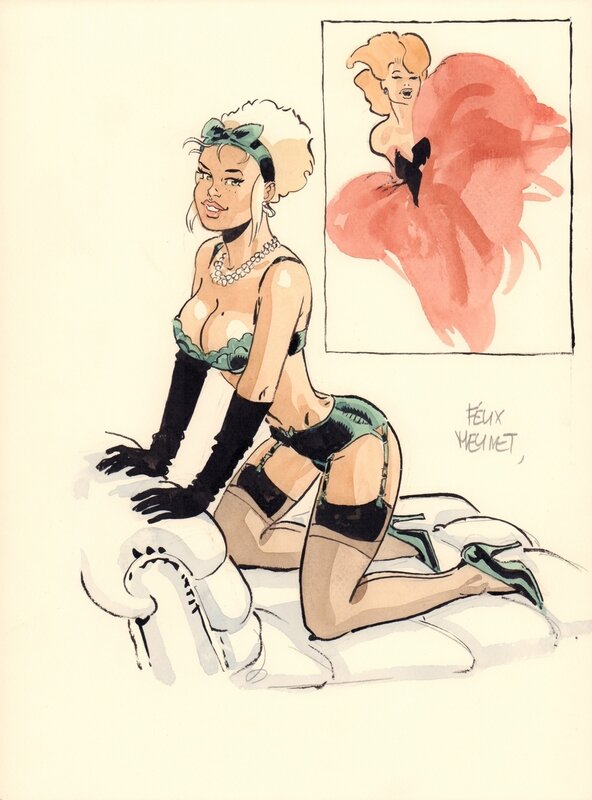 En vente - Félix Meynet, Mirabelle en lingerie verte pour l'Artbook 69 - Illustration originale