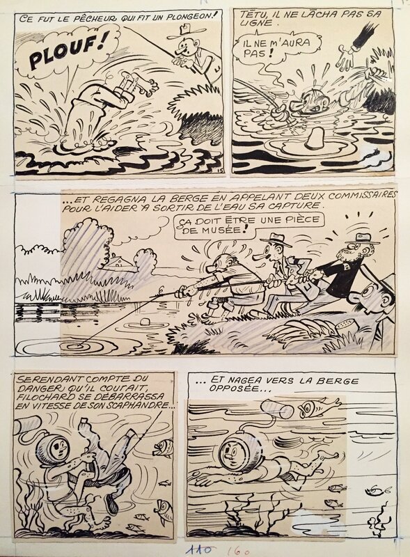 Pellos, Les pieds nickelés#39, Les pieds nickelés superchampions de la pêche, planche n°15, 1958. - Comic Strip