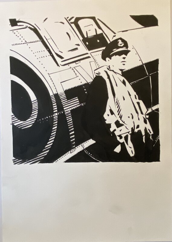 Stéphan Agosto, illustration originale, Pierre Clostermann adossé à son Spitfire,  Stéphan Agosto, illustration originale, Pierre Clostermann adossé à son Spitfire,