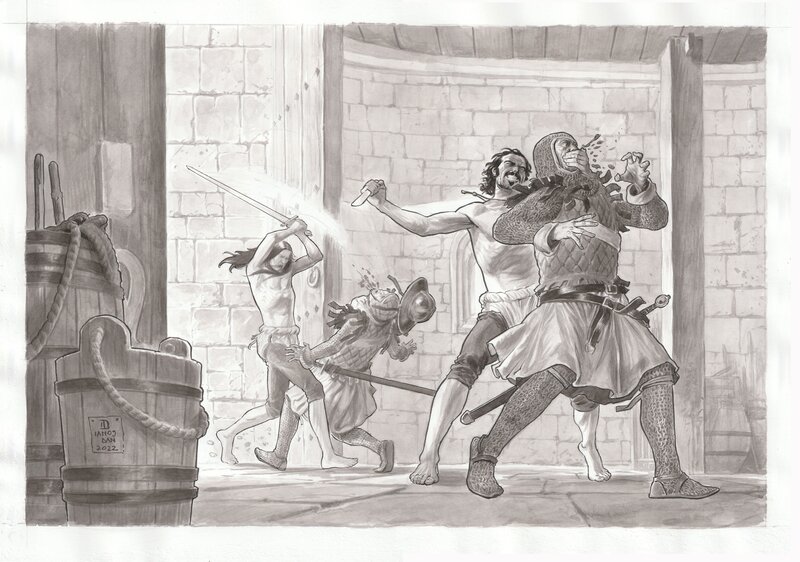En vente - Dan Ianos, La Croix sanglante - Attaque de la tour - Illustration originale