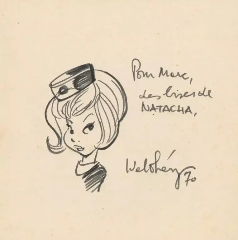 François Walthéry, illustration originale, portrait ancien de Natacha, Hôtesse de l'Air. - Sketch