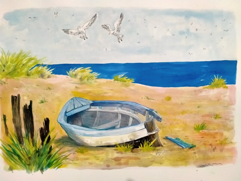 En vente - Bateau sur la plage par Davide Garota - Illustration originale