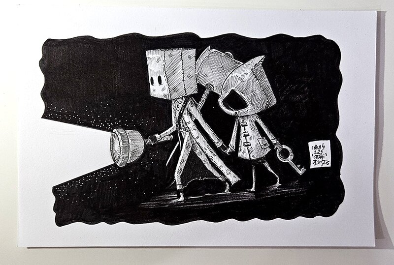 Dessin original de l'Inktober 2025 : Mono et Six de Little Nightmares 2 par oTTami ! - Illustration originale