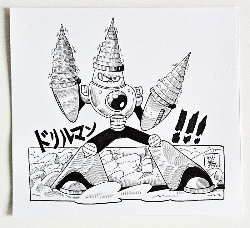 Dessin original de l'Inktober 2025 : Drill Man de Megaman par oTTami ! - Illustration originale