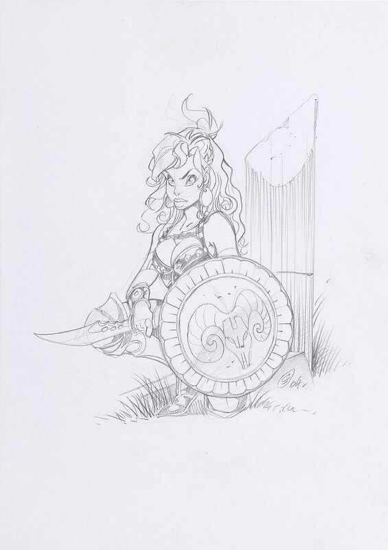 Crisse, illustration originale, Portrait en pied de Atalante pour la statuette BFB-BDDirect. - Illustration originale